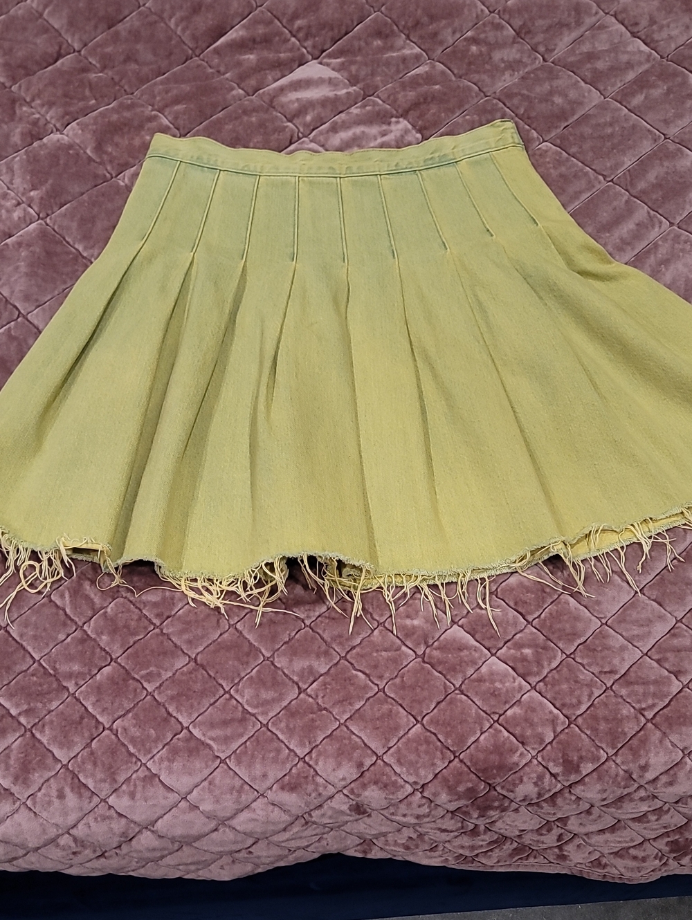 Women's Lime Green Pleated Denim Mini Skirt